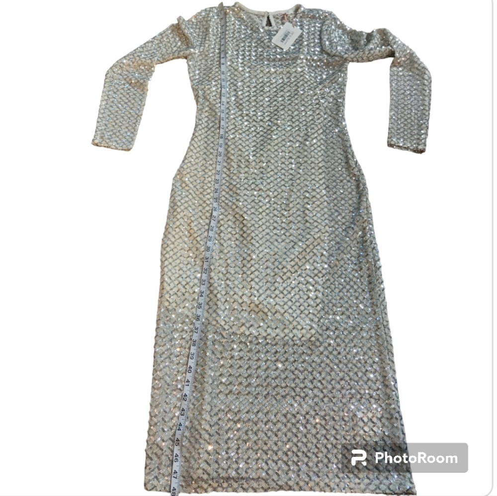 Gianni Bini Silver Sequin Mesh Lattice Long Sleeve Midi Dress Size L NWT - Picture 10 of 12